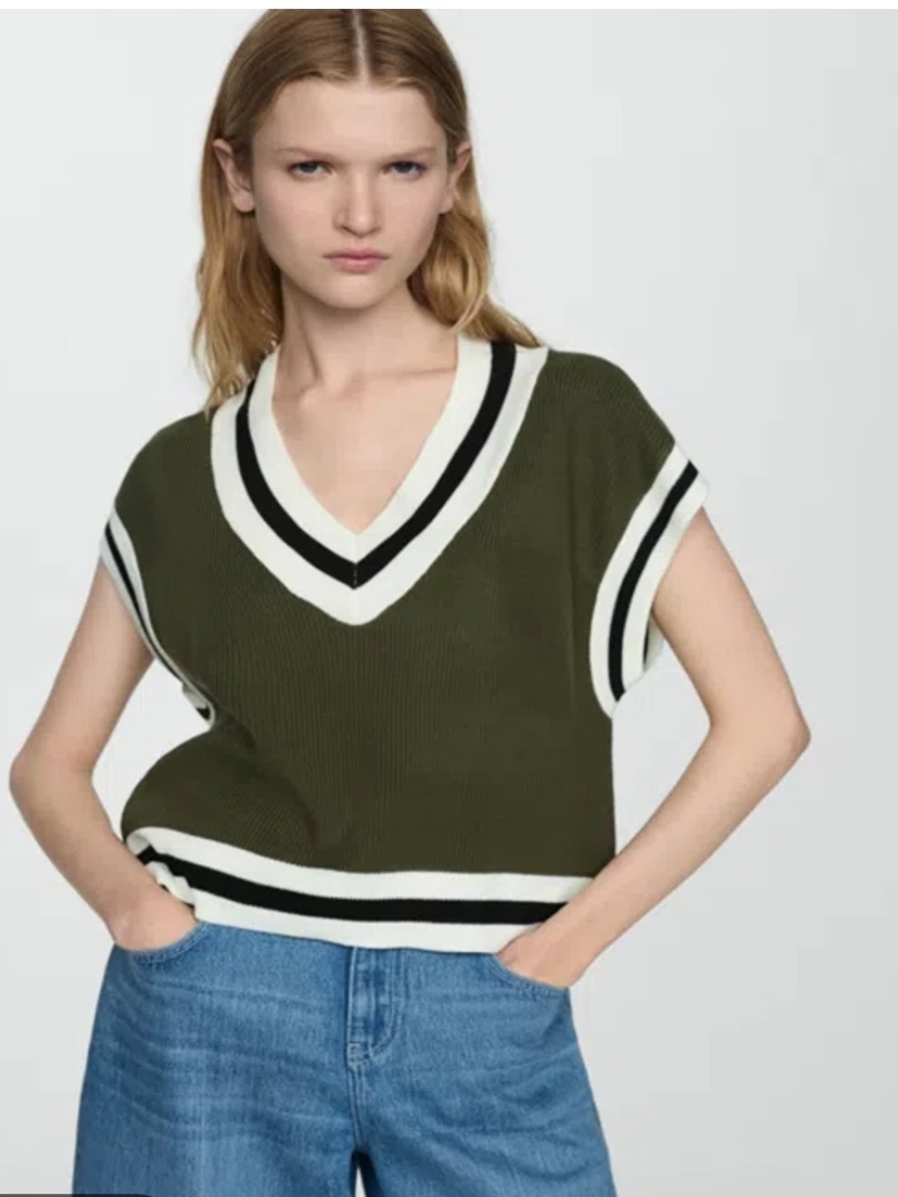 MNG V-Neck Olive Green Contrast-Trim Knit Sweater. Size M